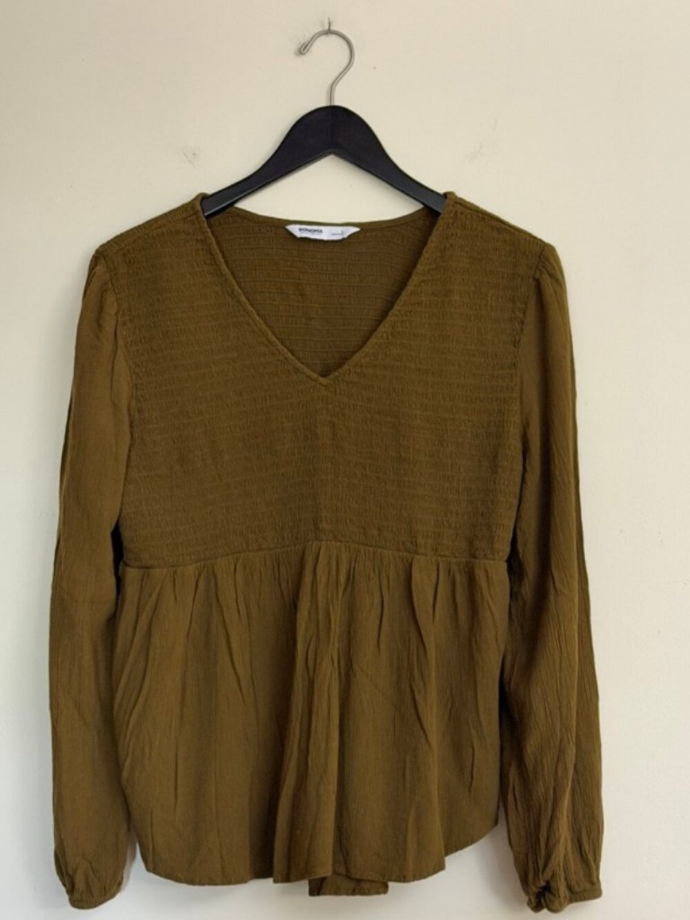 Sonoma Olive Green Smocked Bodice Peasant Top L